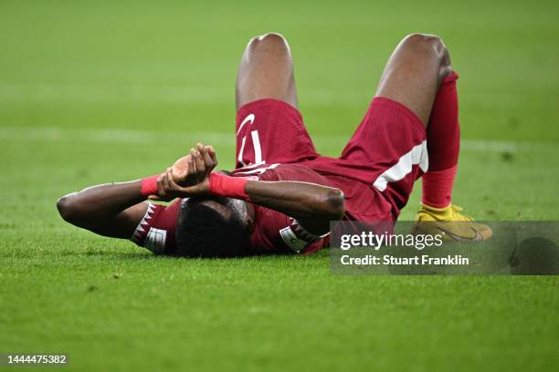 Ismail Mohamad of Qatar reacts after the 1-3 loss during the FIFA World Cup Qatar 2022 Group A match between Qatar and Senegal at Al Thumama Stadium...
