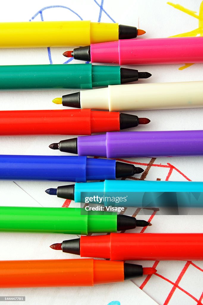 Close up of sketch pens arranged