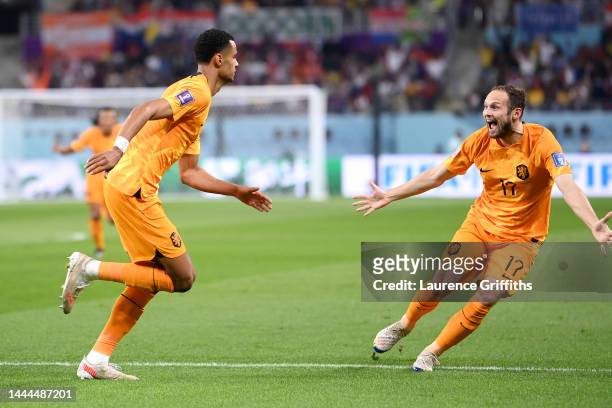 Cody Gakpo of Netherlands celebrates after scoring their team's first goal during the FIFA World Cup Qatar 2022 Group A match between Netherlands and...