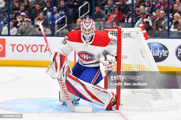 Goaltender Sam Montembeault of the Montreal Canadiens defends the net during the first period of a game against the Columbus Blue Jackets at...