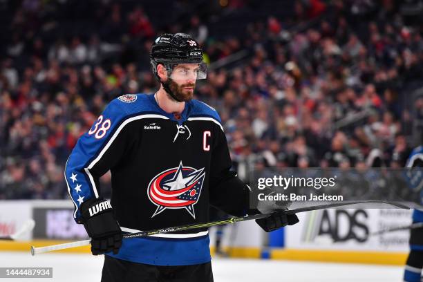 Boone Jenner of the Columbus Blue Jackets lines up for a face-off during the third period of a game against the Montreal Canadiens at Nationwide...