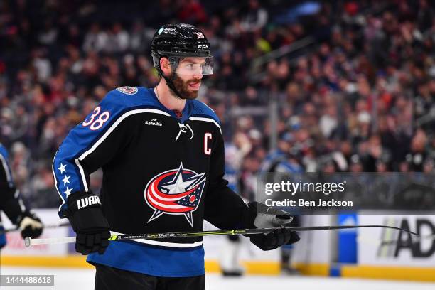 Boone Jenner of the Columbus Blue Jackets lines up for a face-off during the third period of a game against the Montreal Canadiens at Nationwide...