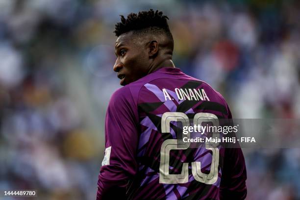 Andre Onana of Cameroon during the FIFA World Cup Qatar 2022 Group G match between Switzerland and Cameroon at Al Janoub Stadium on November 24, 2022...