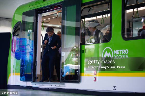 Bogota's mayor Claudia Lopez walks out of the metro car during the unveiling event of Bogota's Metro car as Bogota's metro system starts works to be...