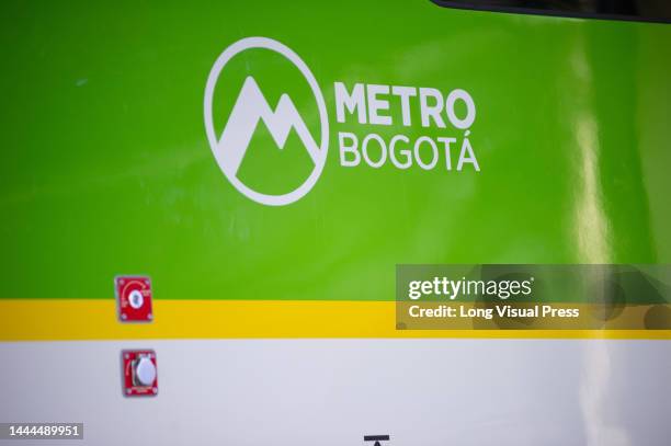 Bogota's metro logo during the unveiling event of Bogota's Metro car as Bogota's metro system starts works o be available to the public in 2026....