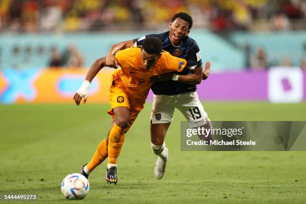 Jurrien Timber of Netherlands and Gonzalo Plata of Ecuador compete for the ball during the FIFA World Cup Qatar 2022 Group A match between...