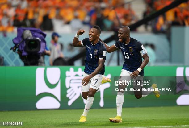 Pervis Estupinan of Ecuador celebrates a goal that was ruled offside during the FIFA World Cup Qatar 2022 Group A match between Netherlands and...