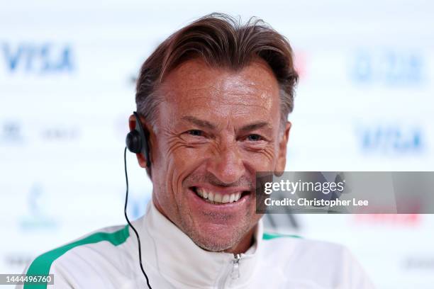 Herve Renard, Head Coach of Saudi Arabia, reacts during the Saudi Arabia Press Conference at the Main Media Center on November 25, 2022 in Doha,...