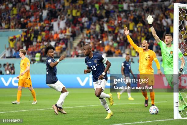 Enner Valencia of Ecuador celebrates after scoring their team's first goal during the FIFA World Cup Qatar 2022 Group A match between Netherlands and...