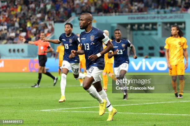 Enner Valencia of Ecuador celebrates after scoring their team's first goal during the FIFA World Cup Qatar 2022 Group A match between Netherlands and...