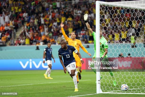 Enner Valencia of Ecuador celebrates after scoring their team's first goal during the FIFA World Cup Qatar 2022 Group A match between Netherlands and...