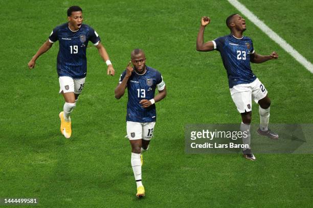 Enner Valencia of Ecuador celebrates after scoring their team's first goal during the FIFA World Cup Qatar 2022 Group A match between Netherlands and...