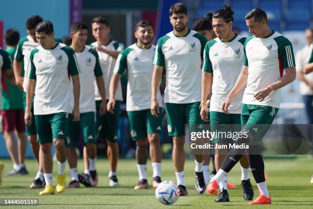 Rogelio Funes Mori of Mexico kicks the ball during the Mexico Training Session at Al Khor SC on November 25, 2022 in Doha, Qatar.