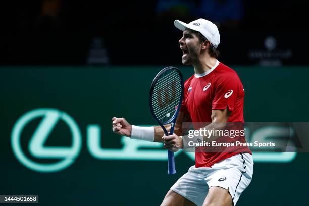 Borna Coric of Croatia celebrates the victory against Thanasi Kokkinakis of Australia during the first tennis match from Davis Cup Finals 2022,...