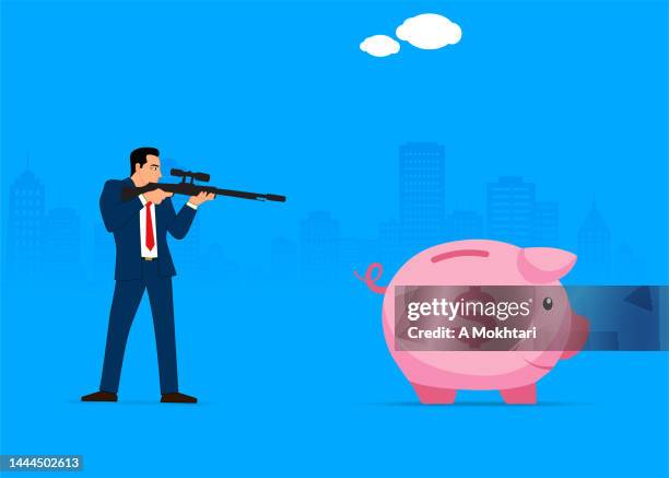 the man shoots the piggy bank with a gun. dollar. - bank robber stock illustrations