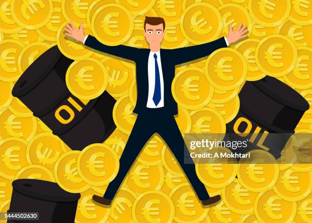 man lying on coins, and a barrel of oil. - lying on back stock illustrations
