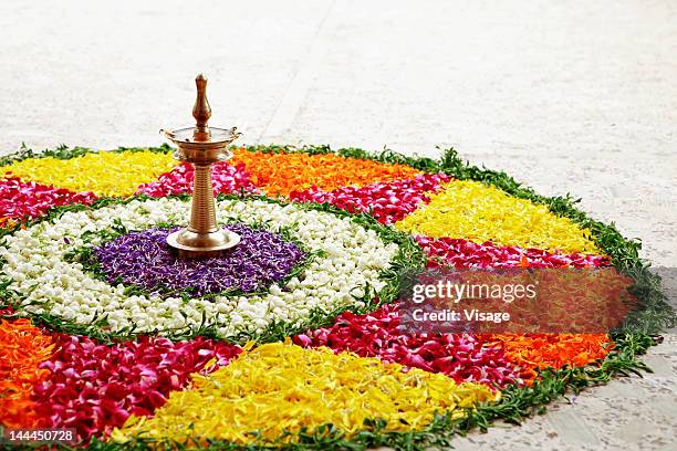 view of a floral decoration - onam foto e immagini stock