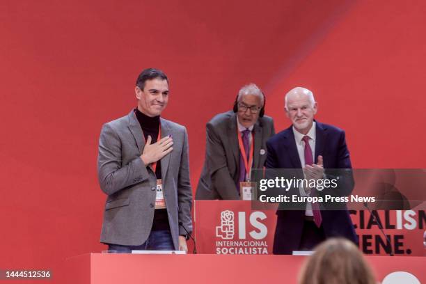 The President of the Government, Pedro Sanchez , and the President of the Socialist International, Yorgos Papandreu , at the inauguration of the XXVI...