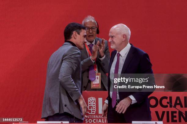 The President of the Government, Pedro Sanchez , and the President of the Socialist International, Yorgos Papandreu , talk at the opening of the XXVI...