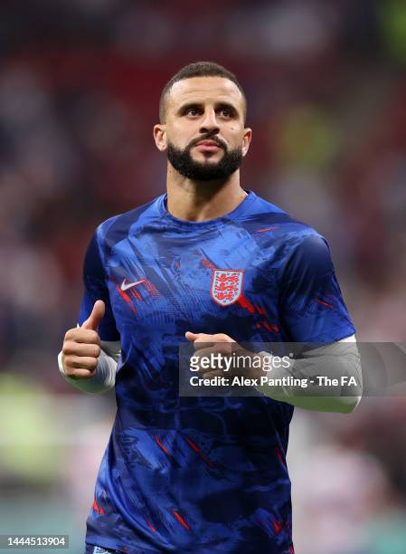 Kyle Walker of England warms up prior to the FIFA World Cup Qatar 2022 Group B match between England and USA at Al Bayt Stadium on November 25, 2022...