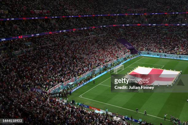 Giant flag of England is seen prior to the FIFA World Cup Qatar 2022 Group B match between England and USA at Al Bayt Stadium on November 25, 2022 in...