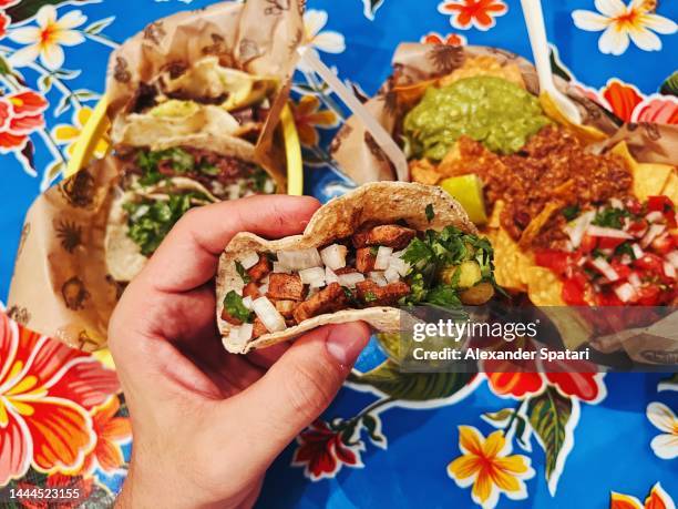eating tacos at mexican restaurant, personal perspective view - tortilla stock-fotos und bilder