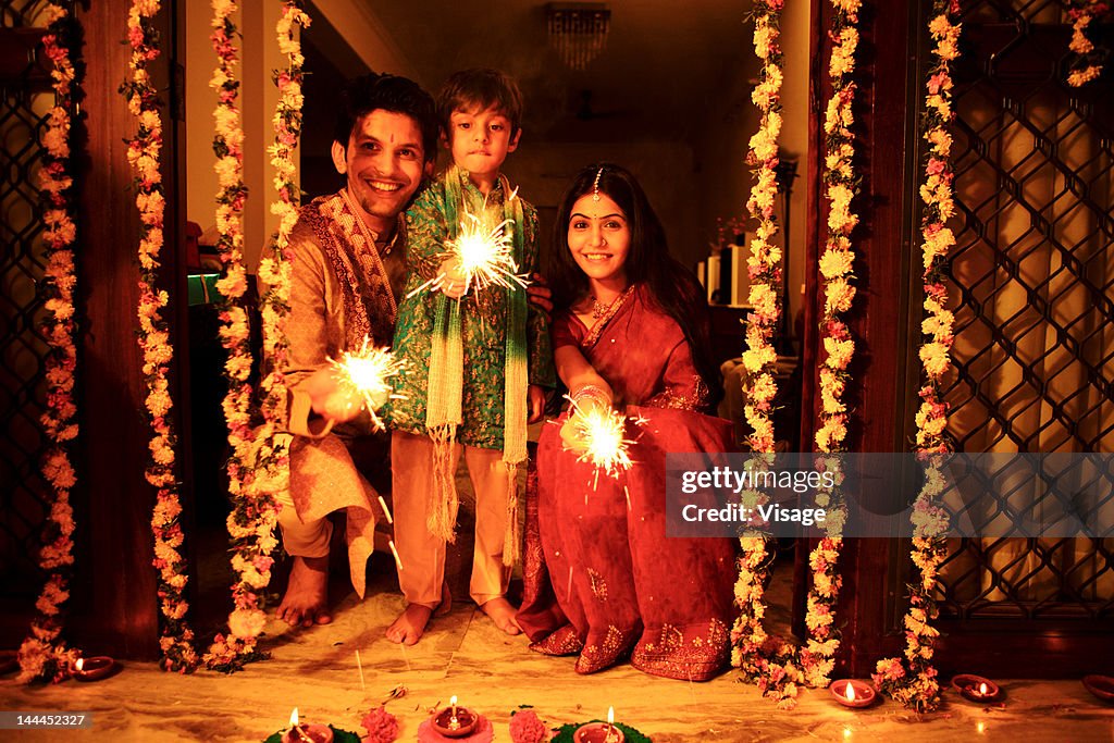 Portrait of a family celebrating Diwali