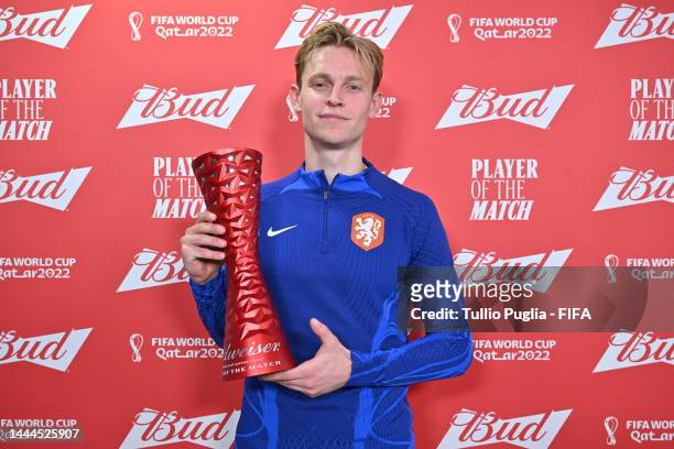 Frankie de Jong of Netherlands pose with the Budweiser Player of the Match during the FIFA World Cup Qatar 2022 Group A match between Netherlands and...
