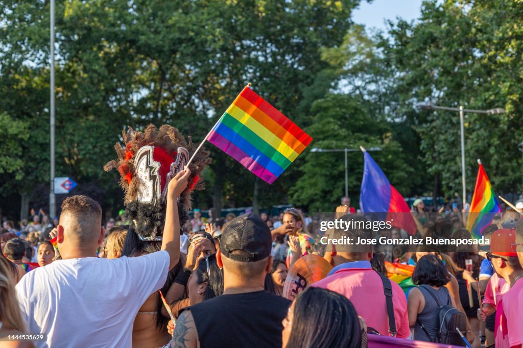 Vue arrière des participants et des participants à la gay pride à Madrid agitant des drapeaux arc-en-ciel