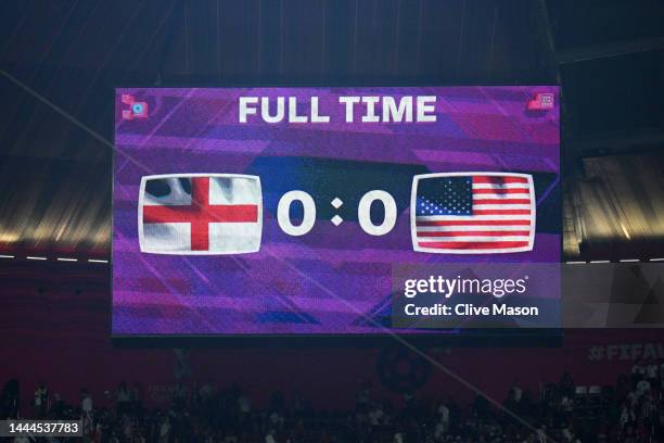 The LED board shows the final score during the FIFA World Cup Qatar 2022 Group B match between England and USA at Al Bayt Stadium on November 25,...