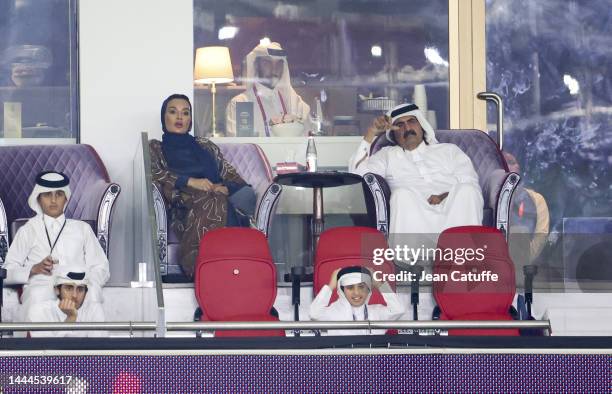 Former Emir of Qatar Hamad bin Khalifa Al Thani and wife Moza bint Nasser during the FIFA World Cup Qatar 2022 Group A match between Qatar and...