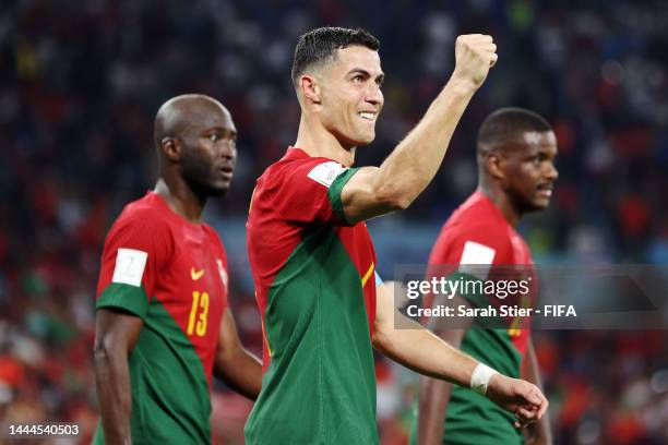 Cristiano Ronaldo of Portugal celebrates after scoring their team's first goal via a penalty during the FIFA World Cup Qatar 2022 Group H match...