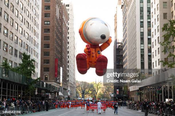 View of the 'Astronaut Snoopy' balloon at the 2022 Macy's Thanksgiving Day Parade on November 24, 2022 in New York City.