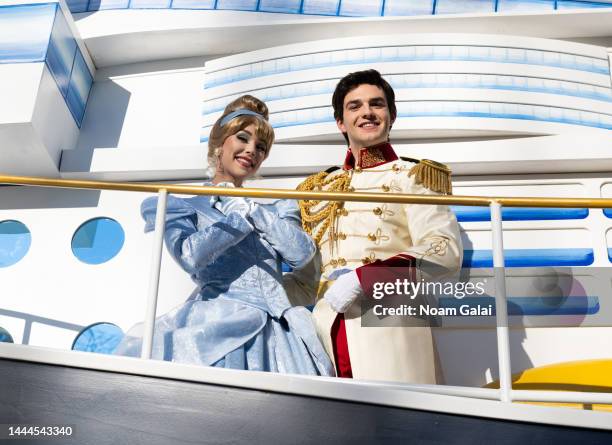 Cinderella and Prince Charming attend The Disney Wish float is seen at the 2022 Macy's Thanksgiving Day Parade on November 24, 2022 in New York City.