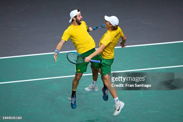 Jordan Thompson of Australia and Max Purcell of Australia celebrate after winning the Davis Cup by Rakuten Finals 2022 Semifinal doubles match...