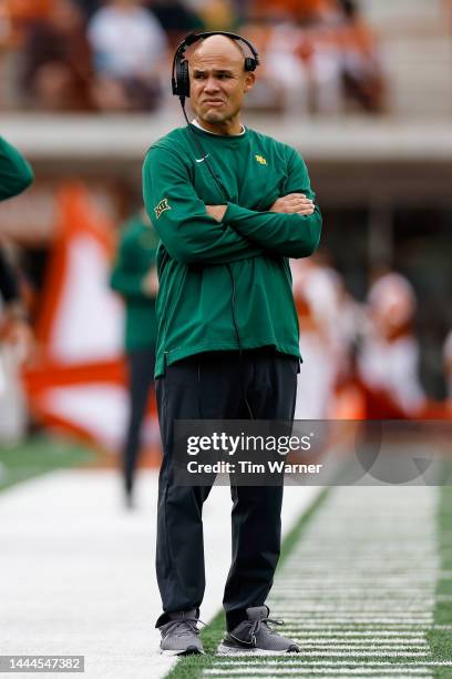 Head coach Dave Aranda of the Baylor Bears reacts in the first half against the Texas Longhorns at Darrell K Royal-Texas Memorial Stadium on November...