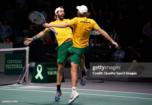 Jordan Thompson of Australia and Max Purcell of Australia celebrate after winning their double match against Nikola Mektic of Croatia and Mate Pavic...