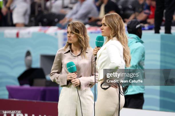 Presenter Laura Woods and former England player Karen Carney working for ITV Sport during the FIFA World Cup Qatar 2022 Group B match between England...