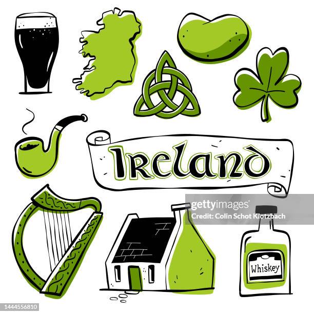 ireland doodles - harp shaped stock illustrations