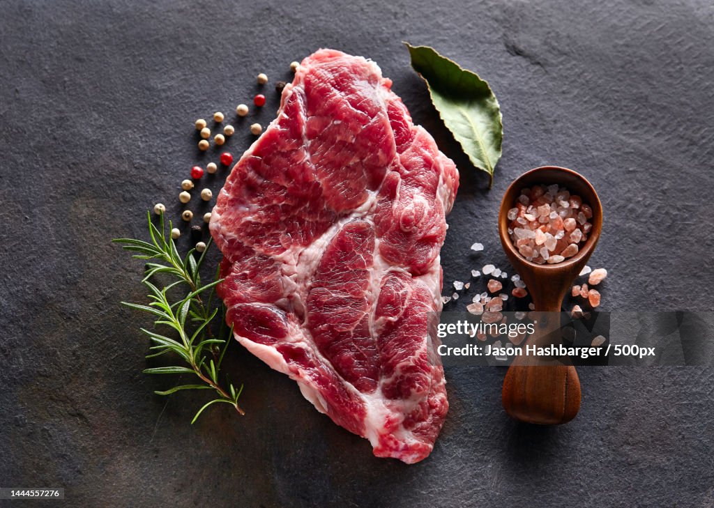 High angle view of meat with spices on table,United States,USA