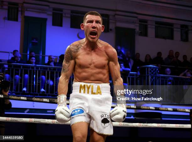 Liam Williams of Wales celebrates his knock down of Nizar Trimech of France at York Hall on November 25, 2022 in London, England.