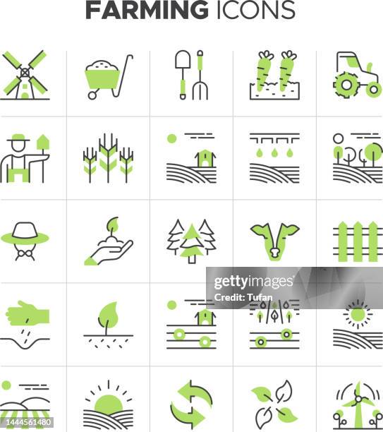 landwirtschaft landwirtschaft icon set - landwirtschaft, dünger, hecke, pflanzung, landwirt - harvest icon stock-grafiken, -clipart, -cartoons und -symbole