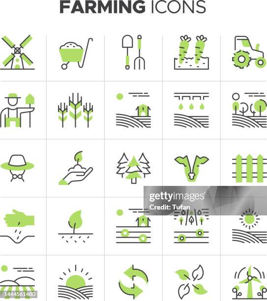 agriculture farming icon set - farming, fertilizer, hedge, planting, farmer - vegetable vector stock illustrations