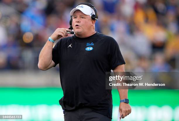 Head coach Chip Kelly of the UCLA Bruins looks on from the sidelines against the California Golden Bears during the second quarter of an NCAA...