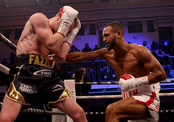 Harlem Eubank and Tom Farrell in action during their super lightweight match at York Hall on November 25, 2022 in London, England.