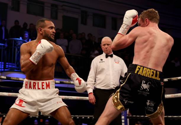 Harlem Eubank and Tom Farrell in action during their super lightweight match at York Hall on November 25, 2022 in London, England.
