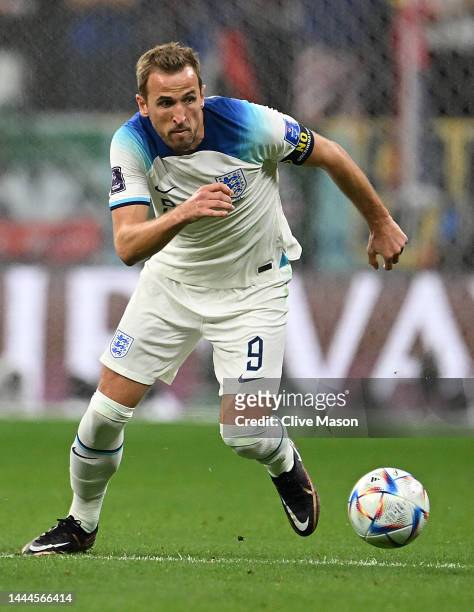 Harry Kane of England in action during the FIFA World Cup Qatar 2022 Group B match between England and USA at Al Bayt Stadium on November 25, 2022 in...