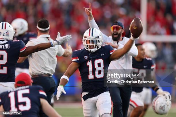 Safety Isaiah Taylor of the Arizona Wildcats celebrates after an interception against the Arizona State Sun Devils during the second half of the...