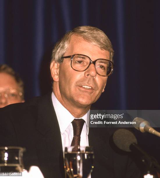 Portrait of British Prime Minister John Major, at a press conference in Beijing, China, 1990s.