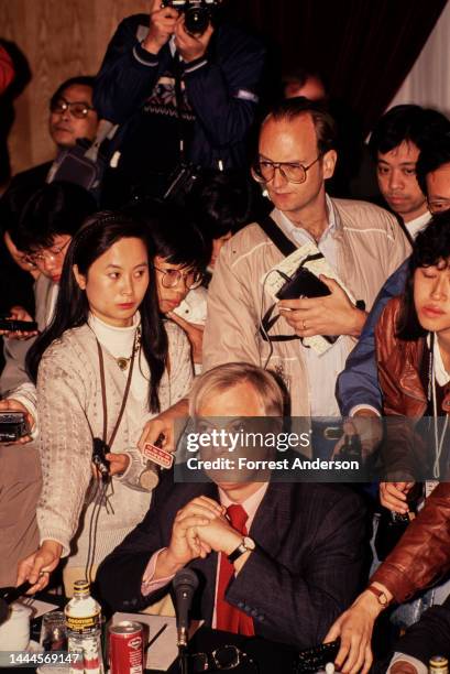 Hong Kong Governor Chris Patten at a press conference on Hong Kong in Beijing, China, October 1992.